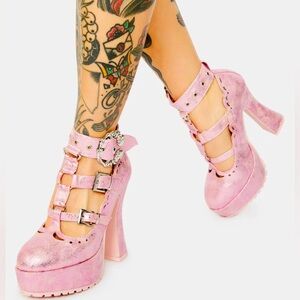 Ellie Daphne Metallic Pink Skull Buckle Heels
